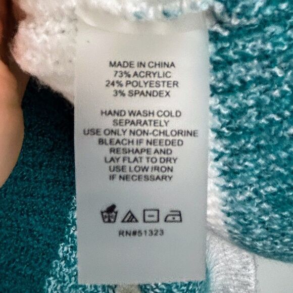 Vince Camuto Puff Sleeve Cardigan Button Front Knit Teal Grey Cream Striped L - Picture 10 of 10